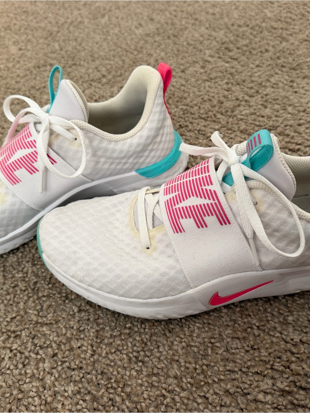 Nike White Sneakers with Pink and Teal Accents